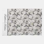 白灰色スワン 花 フラワープリント エレガント おしゃれ キッチンタオル (横)