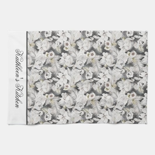 白灰色スワン 花 フラワープリント エレガント おしゃれ キッチンタオル (横)