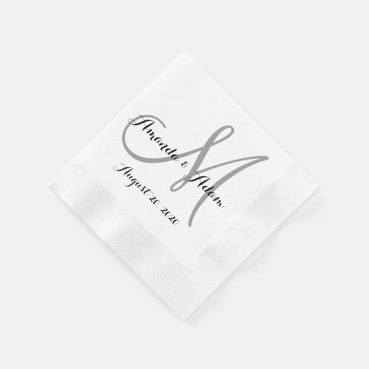 白灰色モノグラム結婚紙ナプキン 縁ありカクテルナプキン (角)