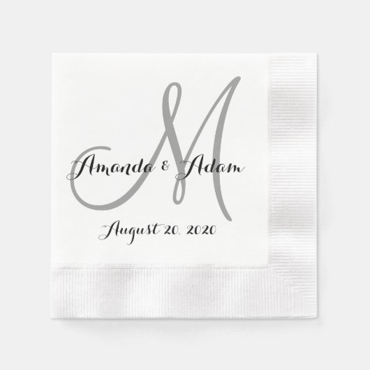 白灰色モノグラム結婚紙ナプキン 縁ありカクテルナプキン (正面)