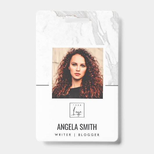 白灰色大理石テクスチャ従業員フォトバーコード   バッジ (正面)