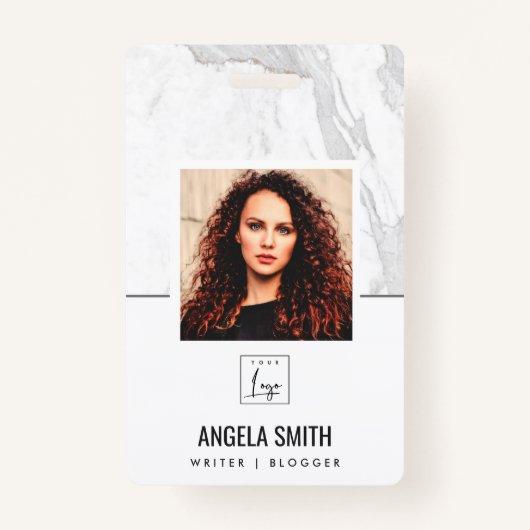 白灰色大理石テクスチャ従業員フォトバーコード   バッジ (正面)