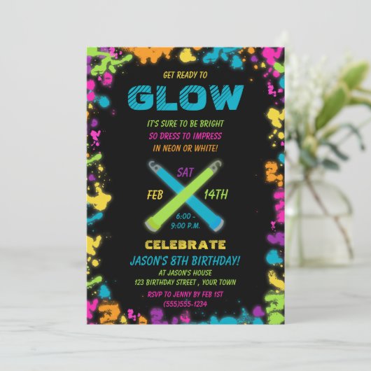 白熱パーティーのネオンは誕生日の招待状を着色します 招待状 (スタンド正面)