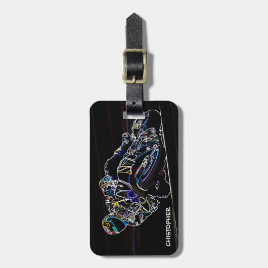 白熱［赤熱］光を放つなオートバイのライダーの円の競争のスケッチ ラゲッジタグ (正面縦)