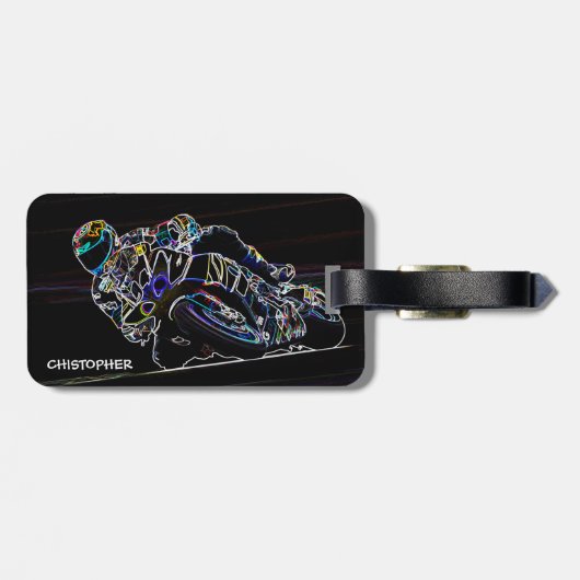 白熱［赤熱］光を放つなオートバイのライダーの円の競争のスケッチ ラゲッジタグ (裏面横)