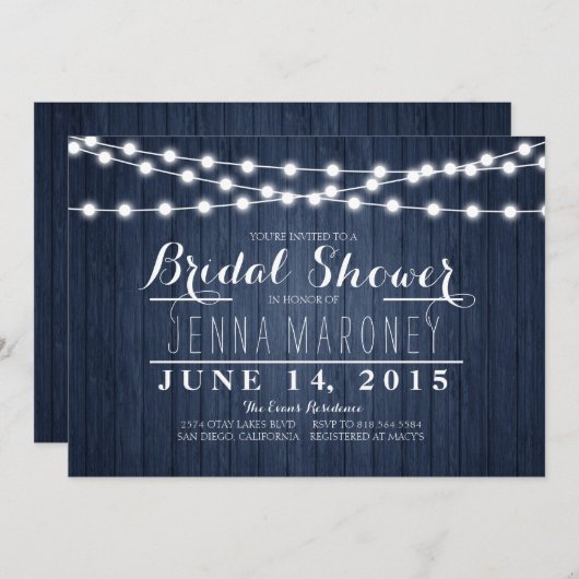 白熱［赤熱］光を放つなライト青の背部ブライダルシャワーの一連 招待状 (正面/裏面)