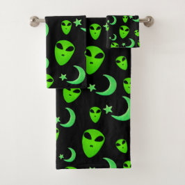 白熱［赤熱］光を放つエイリアン、三日月と黒の星 バスタオルセット