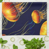 白熱［赤熱］光を放つクラゲ海 キッチンタオル (折り畳み)