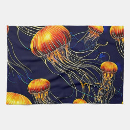 白熱［赤熱］光を放つクラゲ海 キッチンタオル