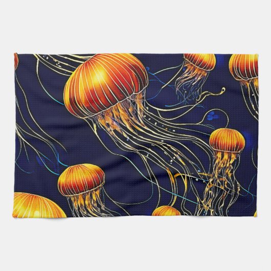 白熱［赤熱］光を放つクラゲ海 キッチンタオル (横)