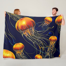 白熱［赤熱］光を放つクラゲ海 フリースブランケット