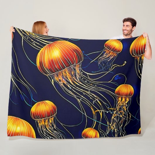 白熱［赤熱］光を放つクラゲ海 フリースブランケット (インサイチュ)