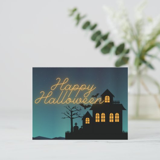 白熱［赤熱］光を放つハッピーハローウィン幽霊のよく出るハウス ポストカード (スタンド正面)