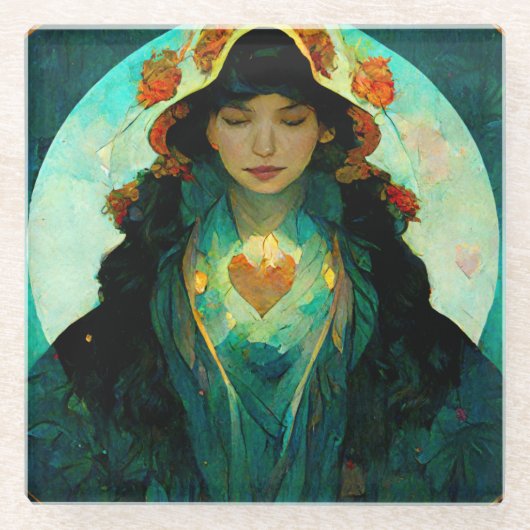 白熱［赤熱］光を放つハート女性ファンタジーSci-Fi ガラスコースター (正面)