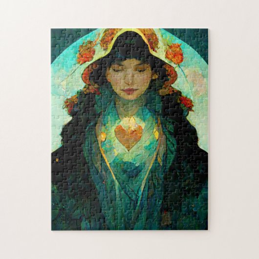 白熱［赤熱］光を放つハート女性ファンタジーSci-Fi ジグソーパズル (縦)