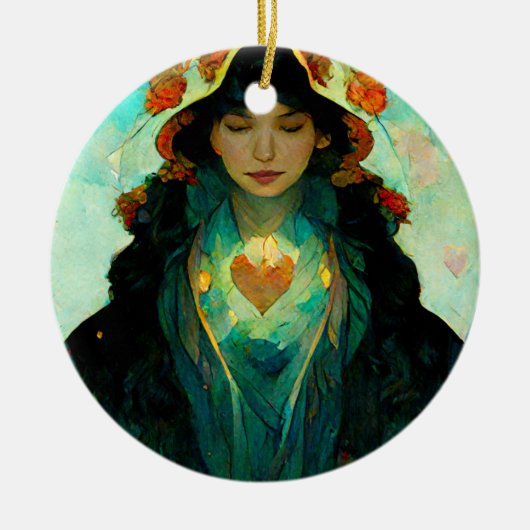 白熱［赤熱］光を放つハート女性ファンタジーSci-Fi セラミックオーナメント (正面)