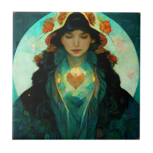 白熱［赤熱］光を放つハート女性ファンタジーSci-Fi タイル (正面)