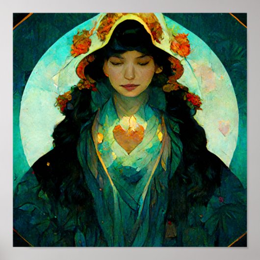 白熱［赤熱］光を放つハート女性ファンタジーSci-Fi ポスター (正面)