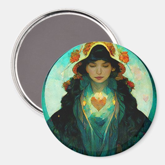 白熱［赤熱］光を放つハート女性ファンタジーSci-Fi マグネット (正面/裏面)