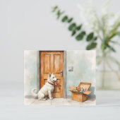 白犬からの転居通知のはがき ポストカード (スタンド正面)