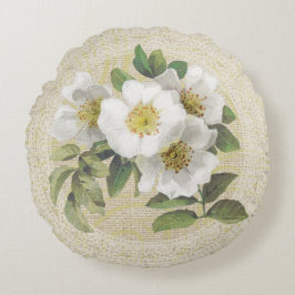 白犬のバラ&レースフローラヴィンテージ枕 ラウンドクッション