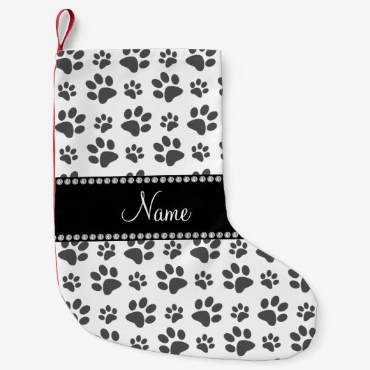 白犬の足跡パーソナライズされたに名前を付ける スモールクリスマスストッキング (正面)