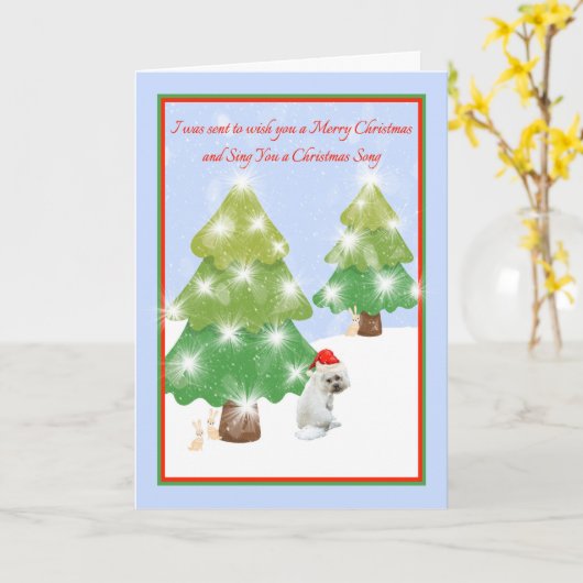 白犬ユーモアのある付きクリスマスカード カード (黄色い花)