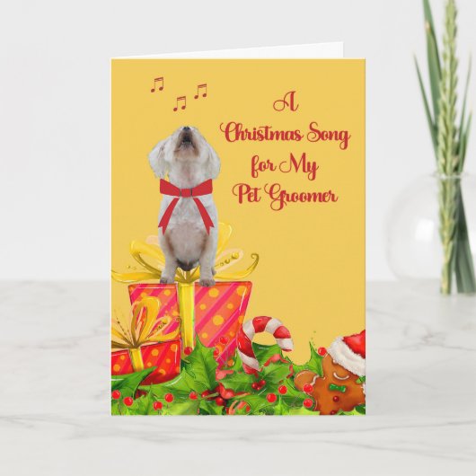 白犬付きペットトリマー用クリスマスカード カード (正面)