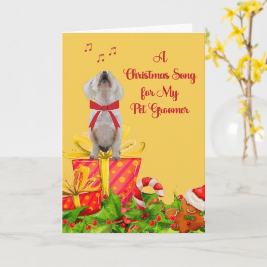 白犬付きペットトリマー用クリスマスカード カード (黄色い花)