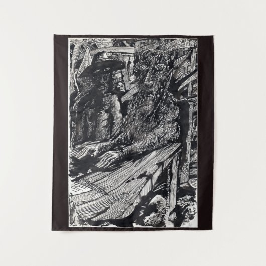 「白状しろ！」インドのインクスケッチ タペストリー (正面)