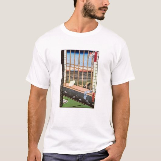 白猫が窓辺に座る歌川広重 Tシャツ (正面)