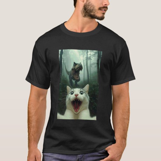 白猫がTレックスとセルフィー、猫好き Tシャツ (正面)