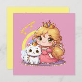 白猫と一緒にいるカスタマイズ可能なかわいいプリンセス 招待状 (正面/裏面)