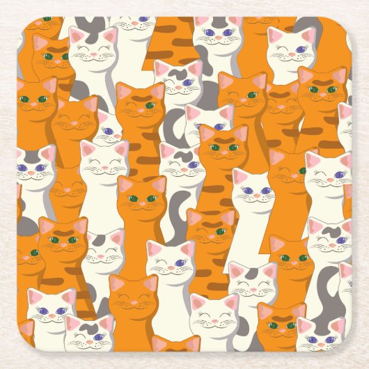 白猫と生姜の猫が緑の目を青く描く スクエアペーパーコースター (正面)