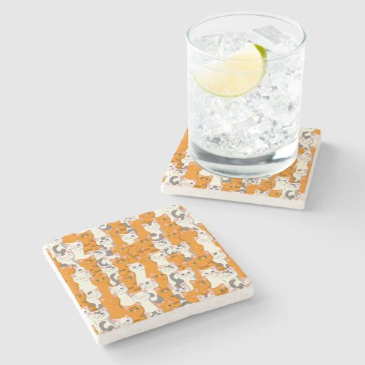 白猫と生姜の猫が緑の目を青く描く ストーンコースター (横)