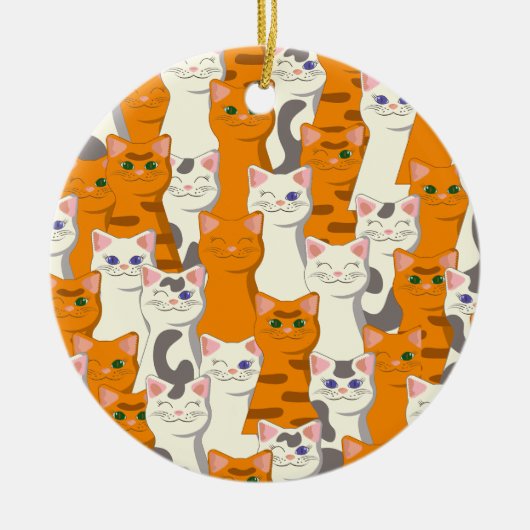 白猫と生姜の猫が緑の目を青く描く セラミックオーナメント (正面)