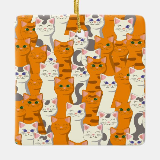 白猫と生姜の猫が緑の目を青く描く セラミックオーナメント (正面)