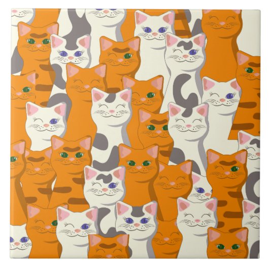 白猫と生姜の猫が緑の目を青く描く タイル (正面)