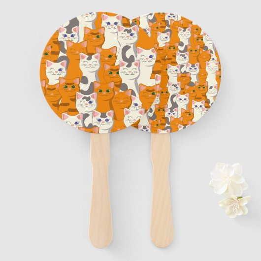 白猫と生姜の猫が緑の目を青く描く ハンドファン (正面&裏面)