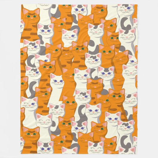 白猫と生姜の猫が緑の目を青く描く フリースブランケット (正面)