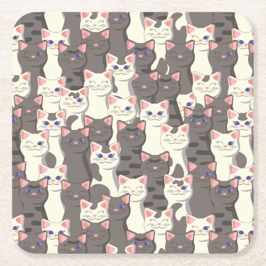 白猫と白猫の柄 スクエアペーパーコースター (正面)