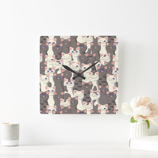 白猫と白猫の柄 スクエア壁時計 (ホーム)