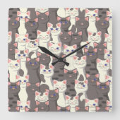 白猫と白猫の柄 スクエア壁時計 (正面)