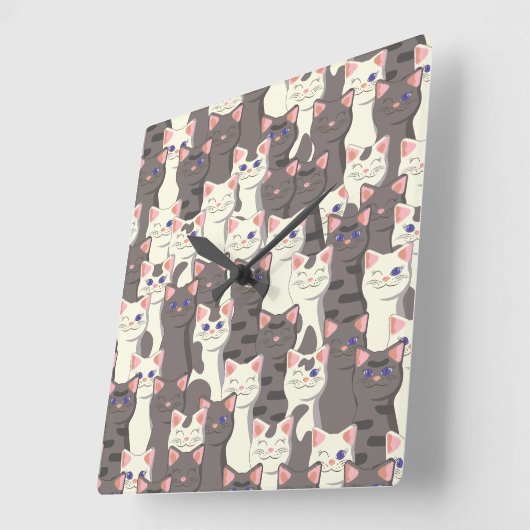 白猫と白猫の柄 スクエア壁時計 (傾斜)