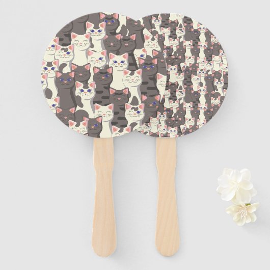 白猫と白猫の柄 ハンドファン (正面&裏面)