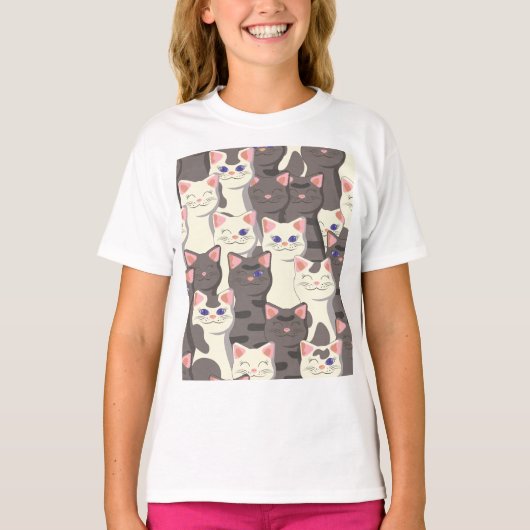 白猫と白猫の柄 Tシャツ (正面)