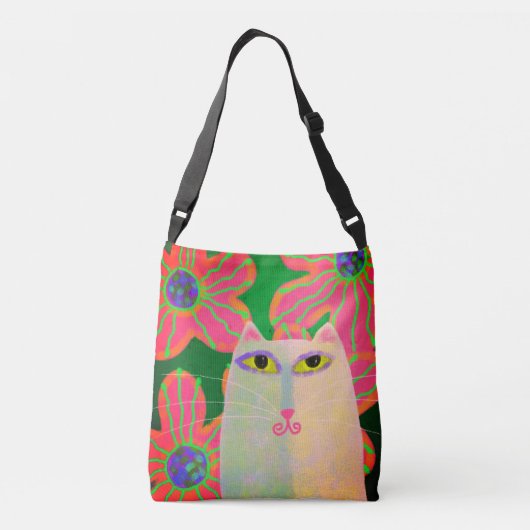 白猫と花抽象芸術アート クロスボディバッグ (裏面)