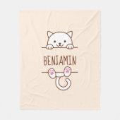 白猫ののぞき名前をカスタムする フリースブランケット (正面)