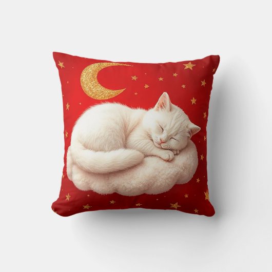 🐱 白猫のホッとする寝顔 ホームスタイル 赤 ❤️ クッション (正面)