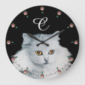 白猫の女王モノグラム、ピンクの宝石 ラージ壁時計 (正面)